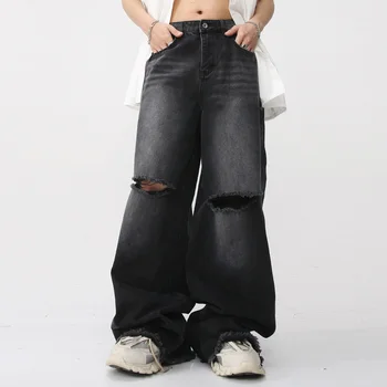 2023 Novo Mens Korejski Ulične Mode Hip Hop Zdrobljen Luknjo Svoboden Priložnostne Širok Noge Denim Jeans Hlače Moški Vrečasta Jeans Hlače